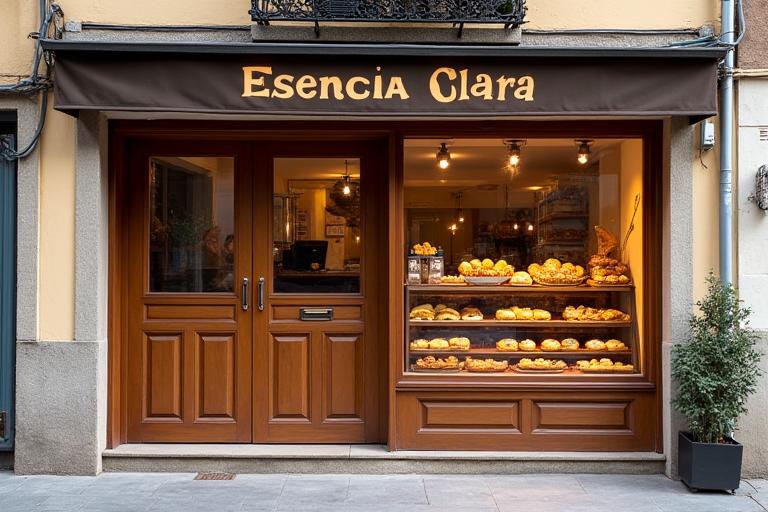 La fachada de la pastelería Esencia Clara, con una puerta de madera y un escaparate con pasteles.
