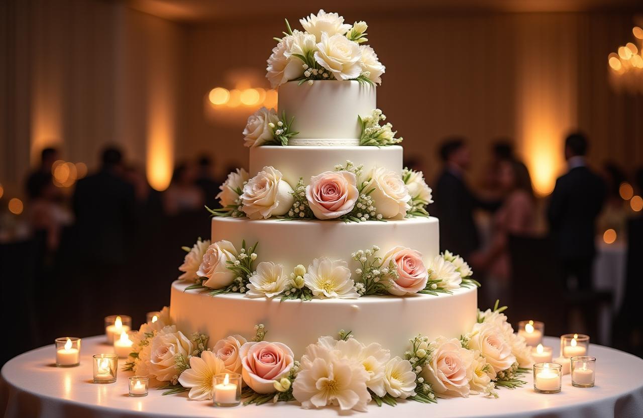 Una elegante tarta de bodas de varios pisos decorada con flores frescas.
