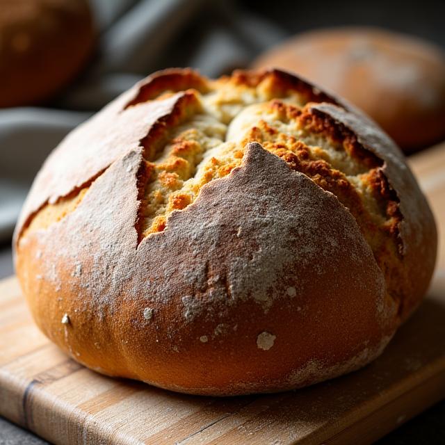 Una hogaza redonda y dorada de pan de masa madre sobre una tabla de madera.