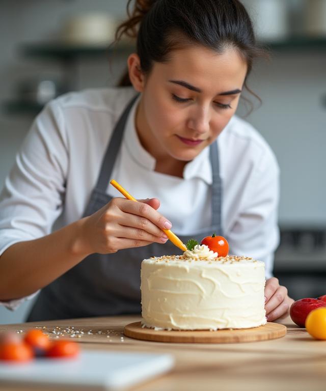 Una repostera concentrada decorando una tarta con una manga pastelera.