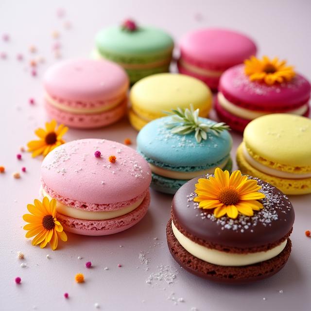 Un surtido de pastelería fina, incluyendo macarons coloridos y éclairs de chocolate.