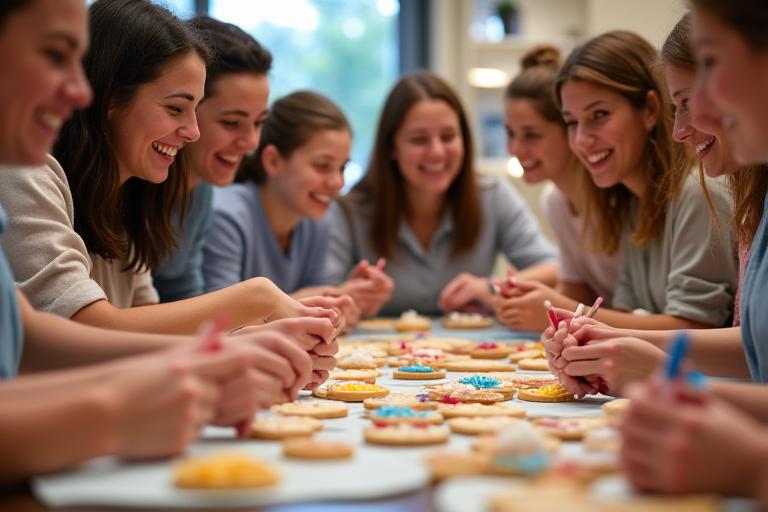 Un grupo de personas sonrientes participando en un taller de decoración de galletas.