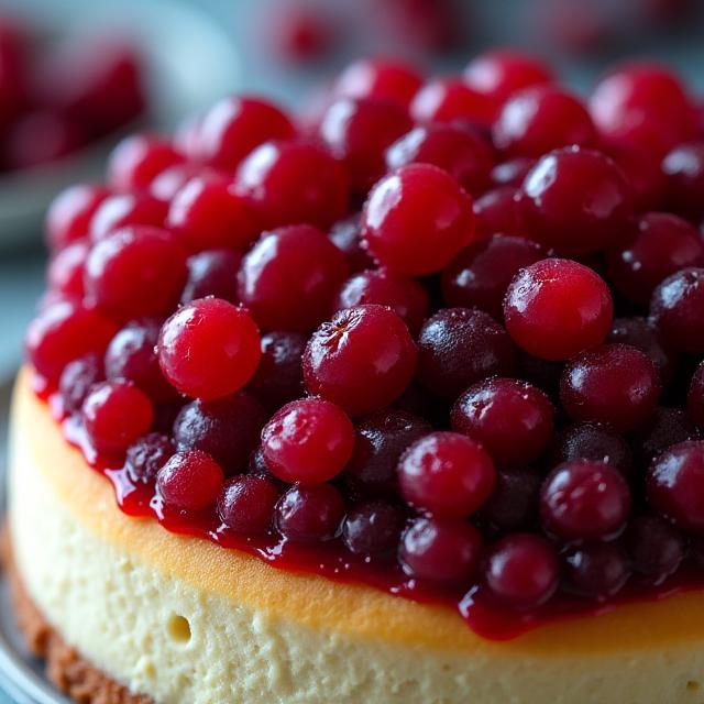 Primer plano de una tarta de queso decorada con una montaña de frutos rojos frescos.