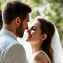 Retrato de una pareja feliz en el día de su boda.